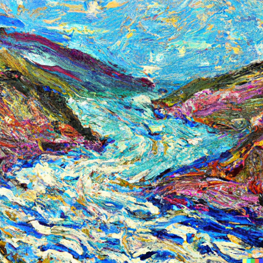 An abstract oil painting of a river